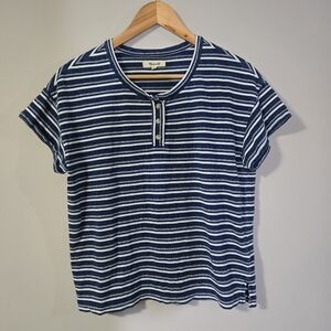 Madewell Brother Henley Blue and White Striped Women's Medium 💯 Cotton T-Shirt